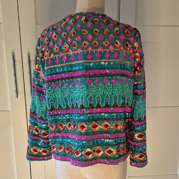 NWT Ruby Yaya Cotton Velvet Beaded Sequin Jacket Teal Boho Glam Large - Picture 5 of 12